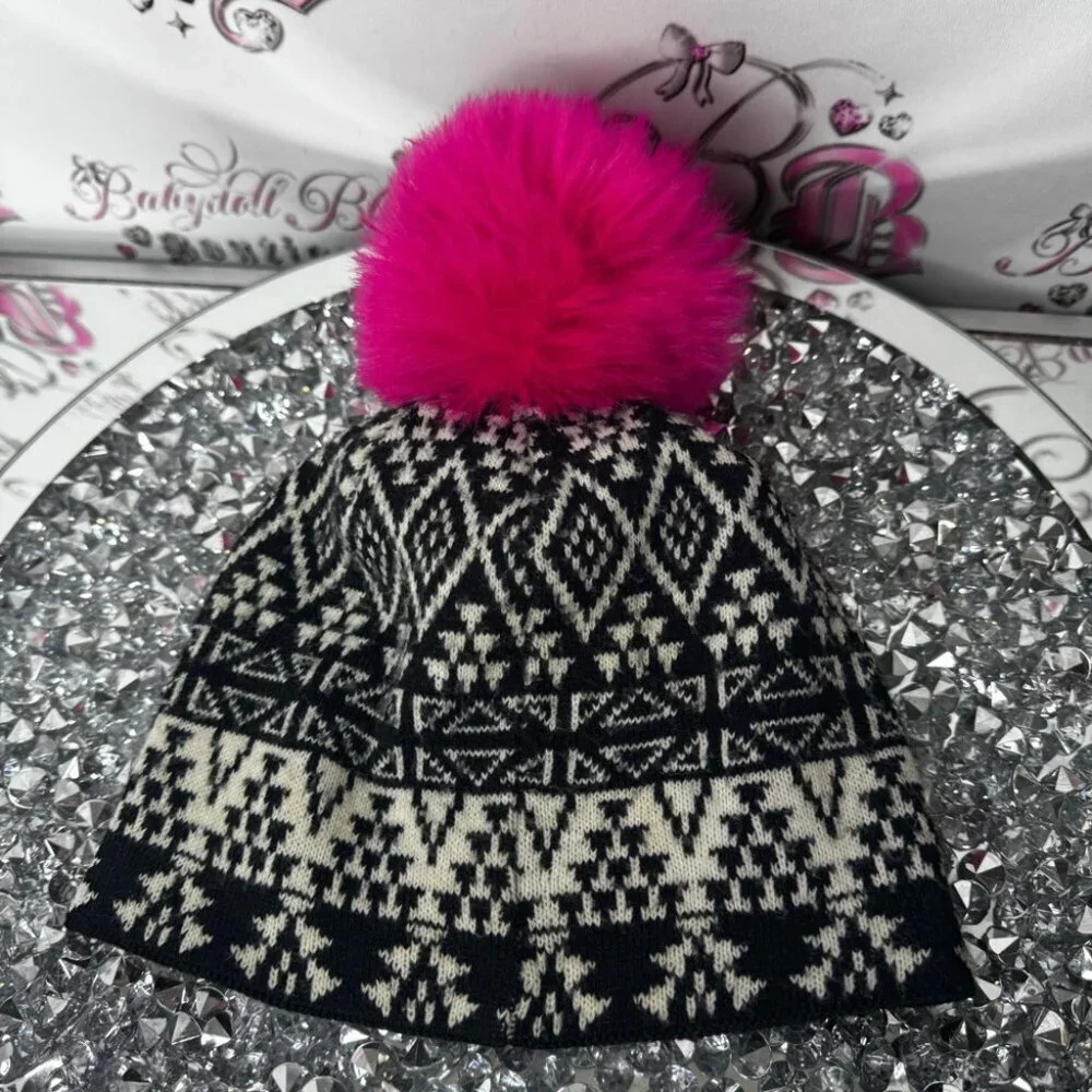 Hat toque winter warm cozy knit Black and White Knit Beanie with Pink Pom